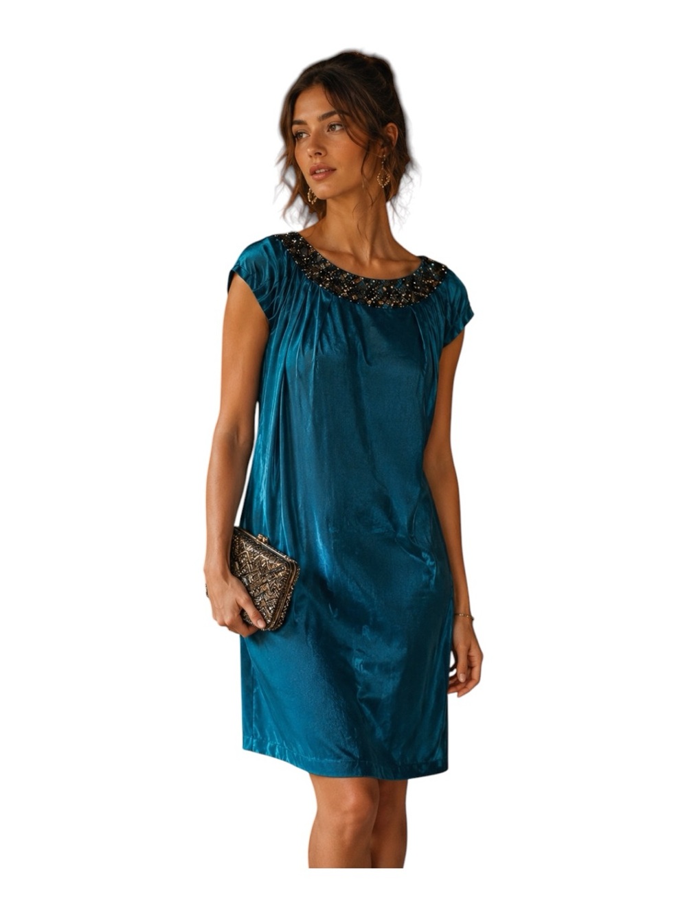 Marchesa Notte Teal Beaded Neck Dress Size 12 Midi Formal Event Retro Party